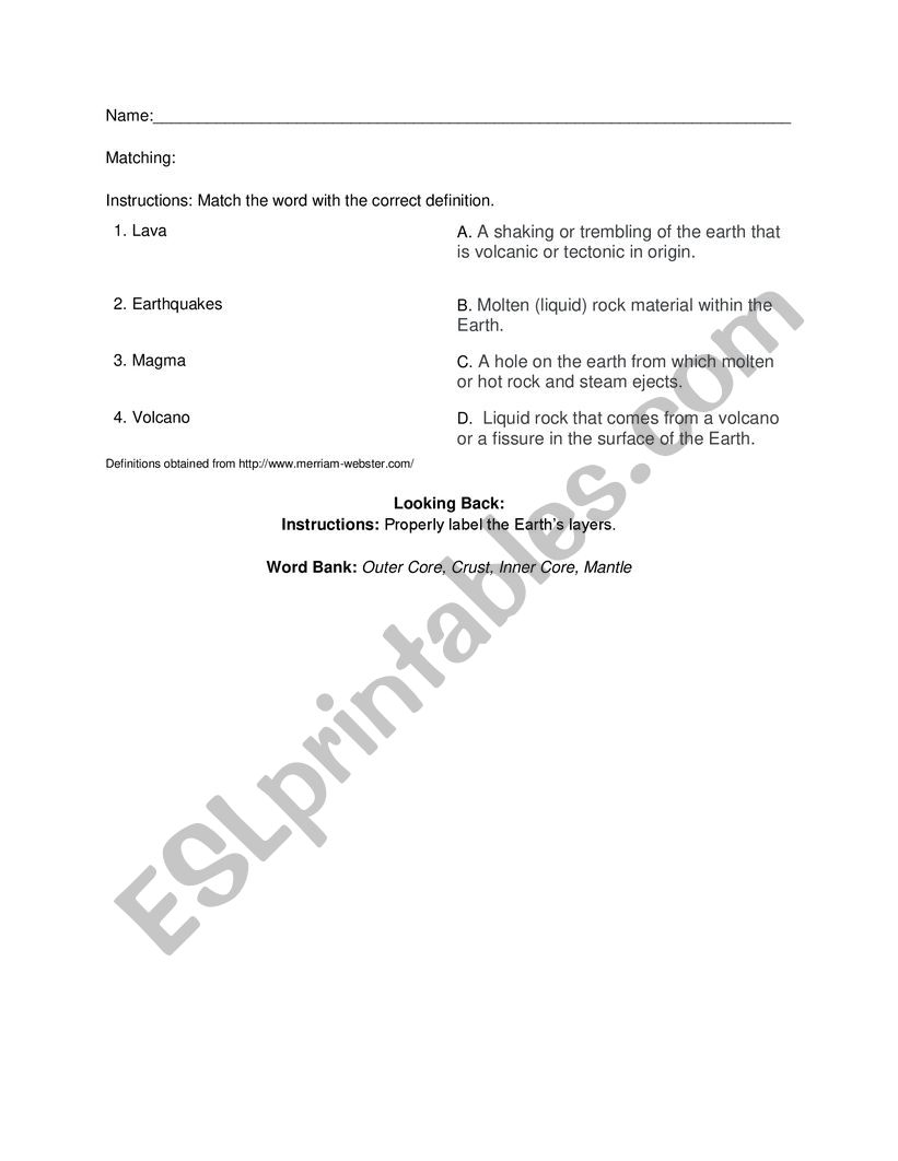 Science vocab, earths core; advanced-int. ESL/ Earth Science 