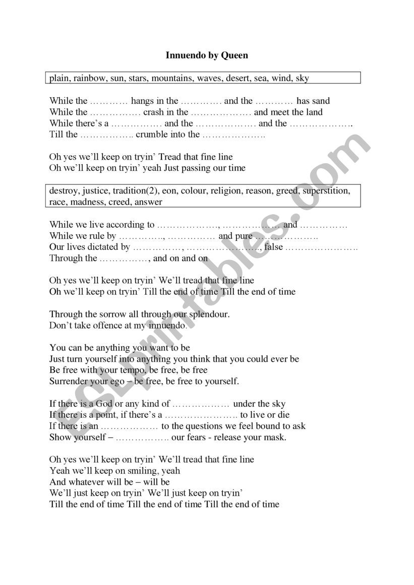 Innuendo by Queen worksheet