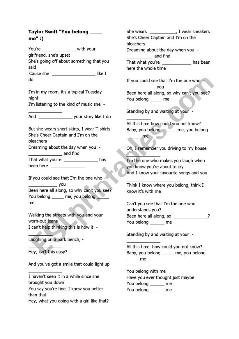 Lyrics You Belong With Me Taylor Swift Esl Worksheet By