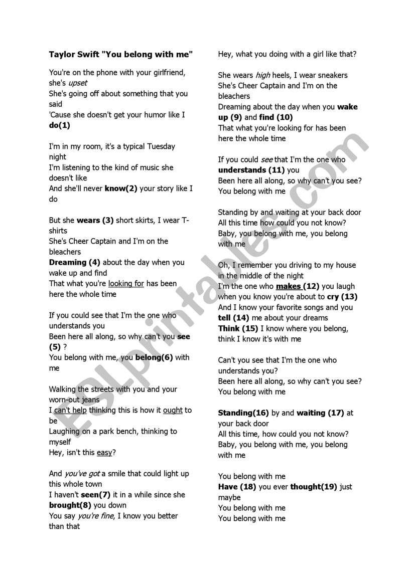 Lyrics You Belong With Me Taylor Swift Esl Worksheet By