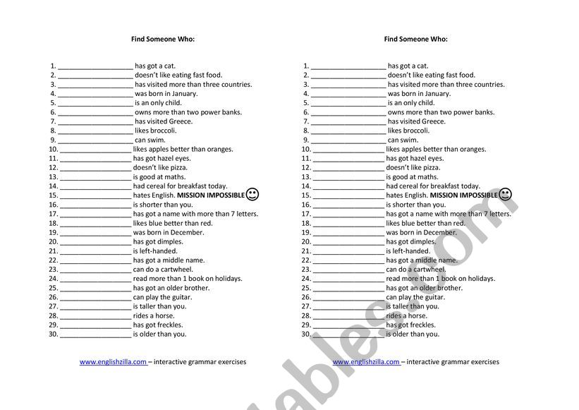 FIND SOMEONE WHO worksheet