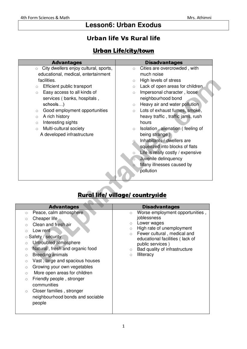 Urban Exodus - 4th form worksheet