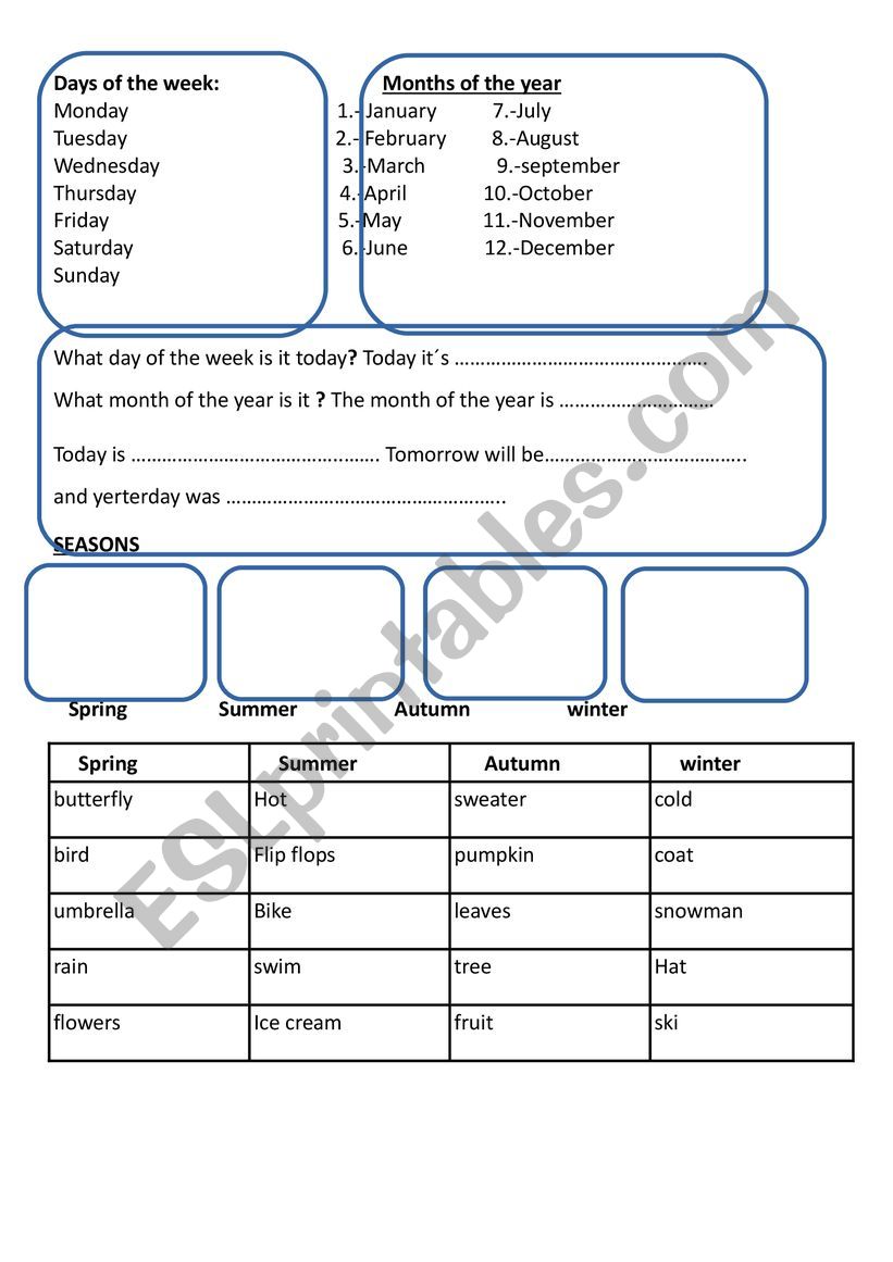 Days of the week and seasons worksheet