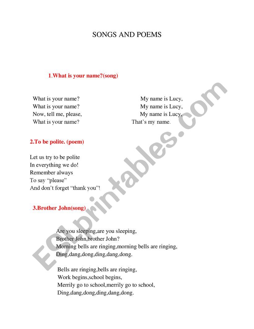 English Songs Preschool worksheet