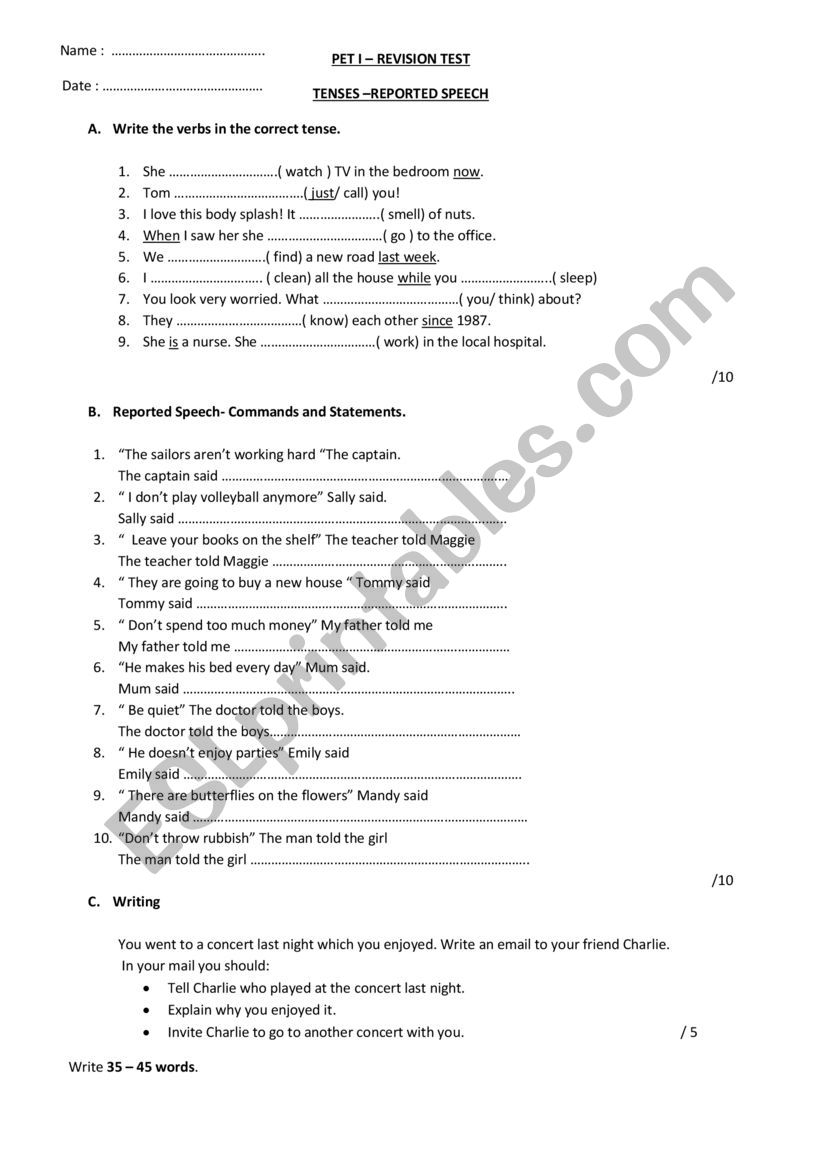 PET revision worksheet