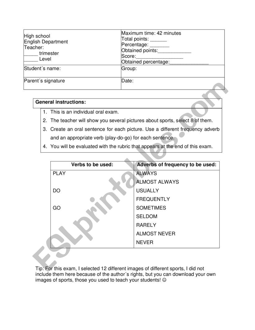 Oral evaluation worksheet