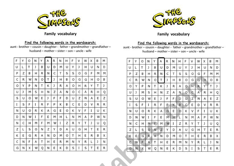 Wordsearch Simpsons family vocabulary