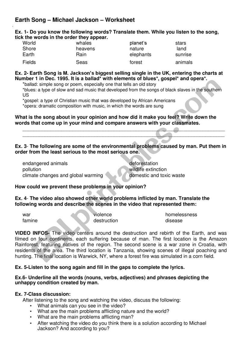 Earth song Michael Jackson worksheet