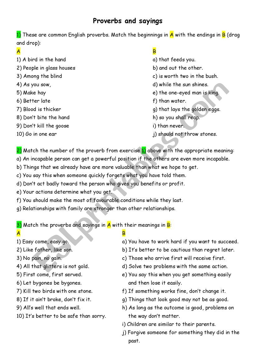 Proverbs and sayings, adages worksheet