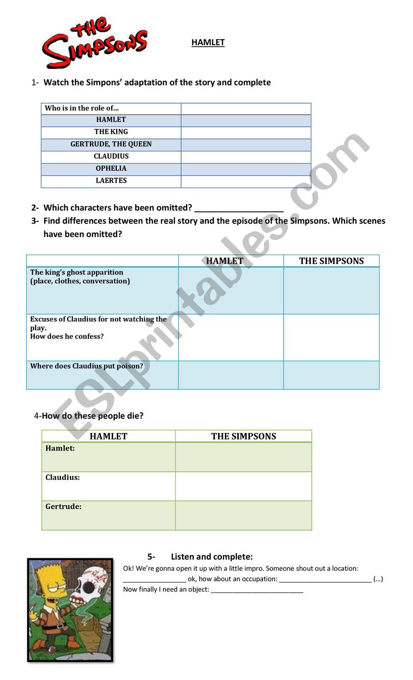 Hamlet vs The Simpsons worksheet