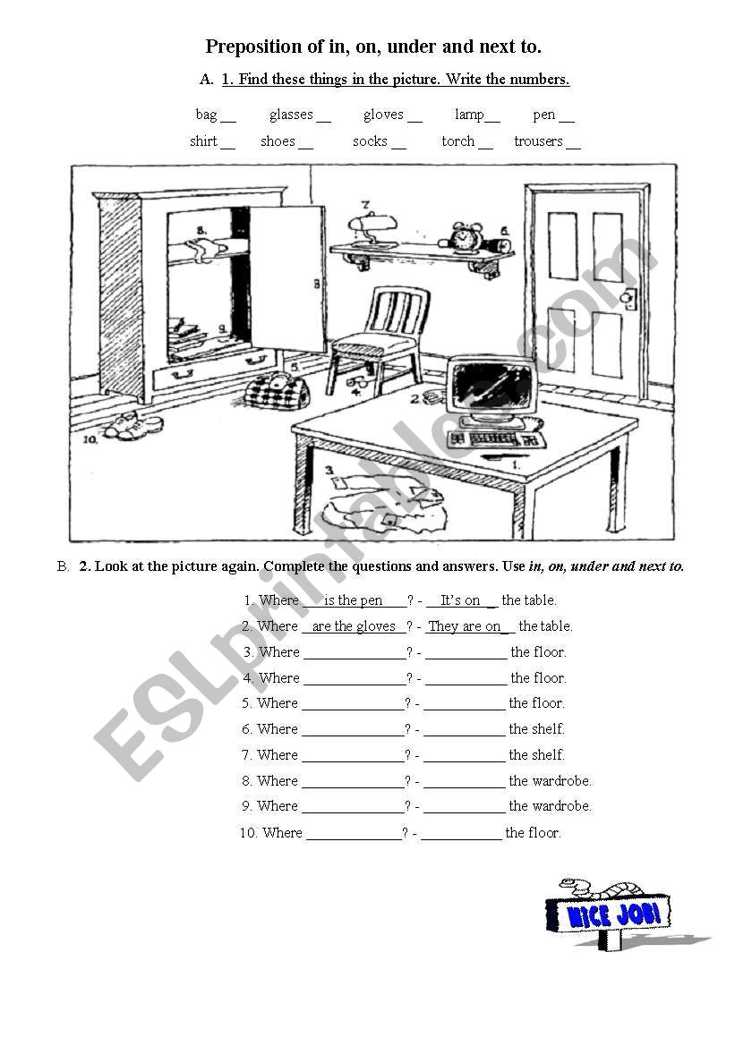 preposition of in, on, under and next to