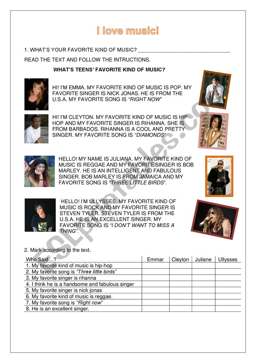 READING - FAVORITE SINGER worksheet