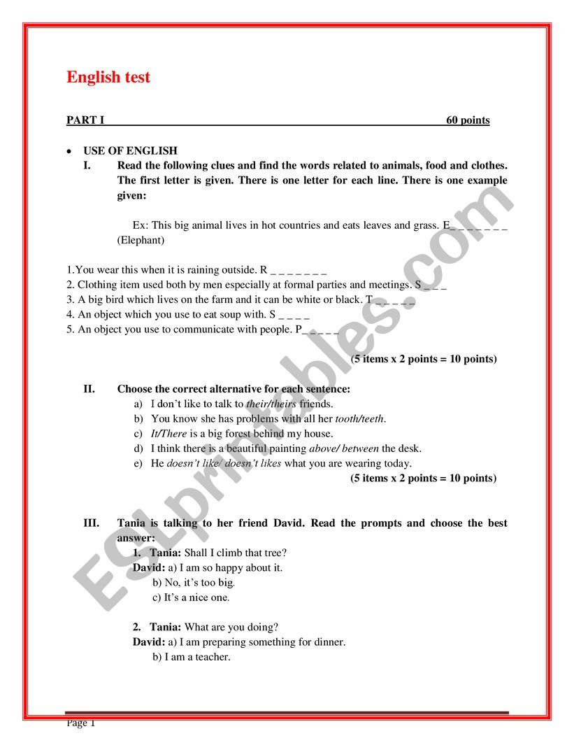 English test  worksheet