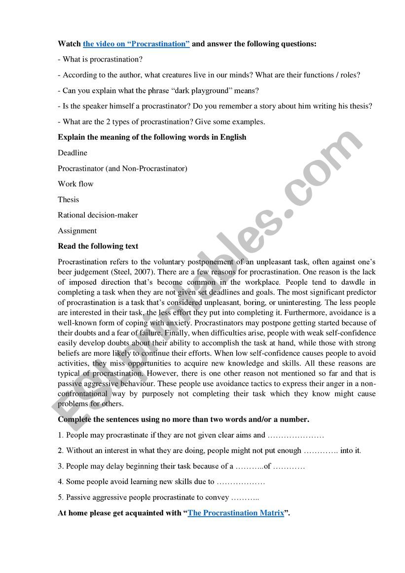Worksheet on "Procrastination" - ESL worksheet by anna_mikhailovna