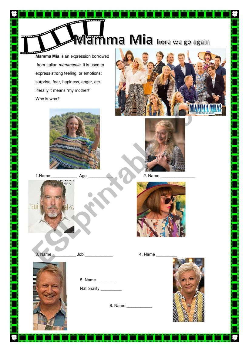 Mamma Mia here we go again worksheet