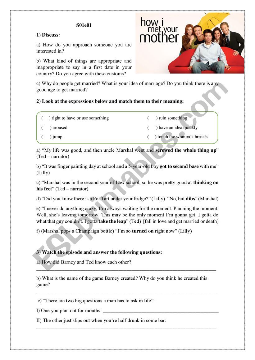 How I met your mother s01e01 worksheet How I met your mother s01e01 worksheet