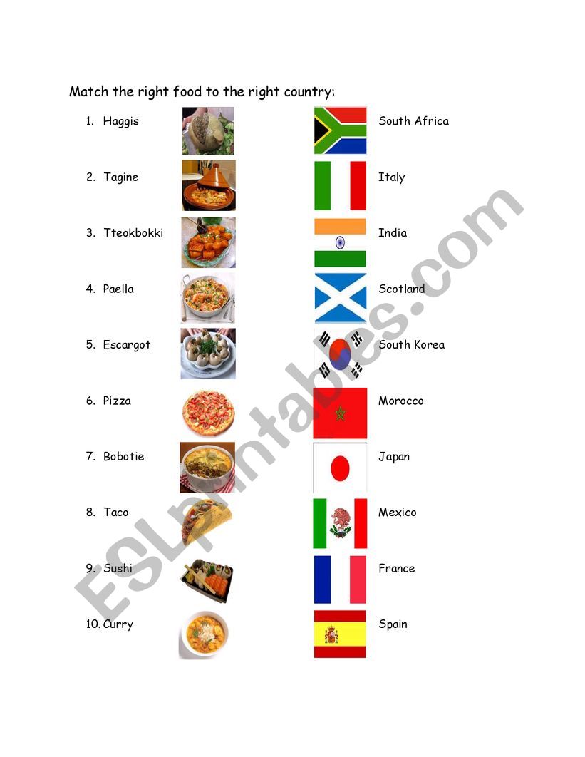 World Food Matching Worksheet - ESL worksheet by chrismoff