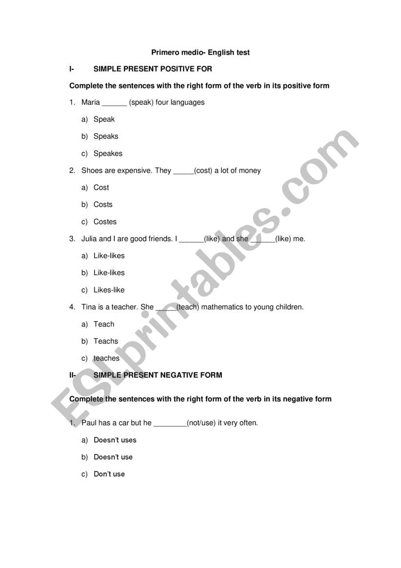Simple present test worksheet