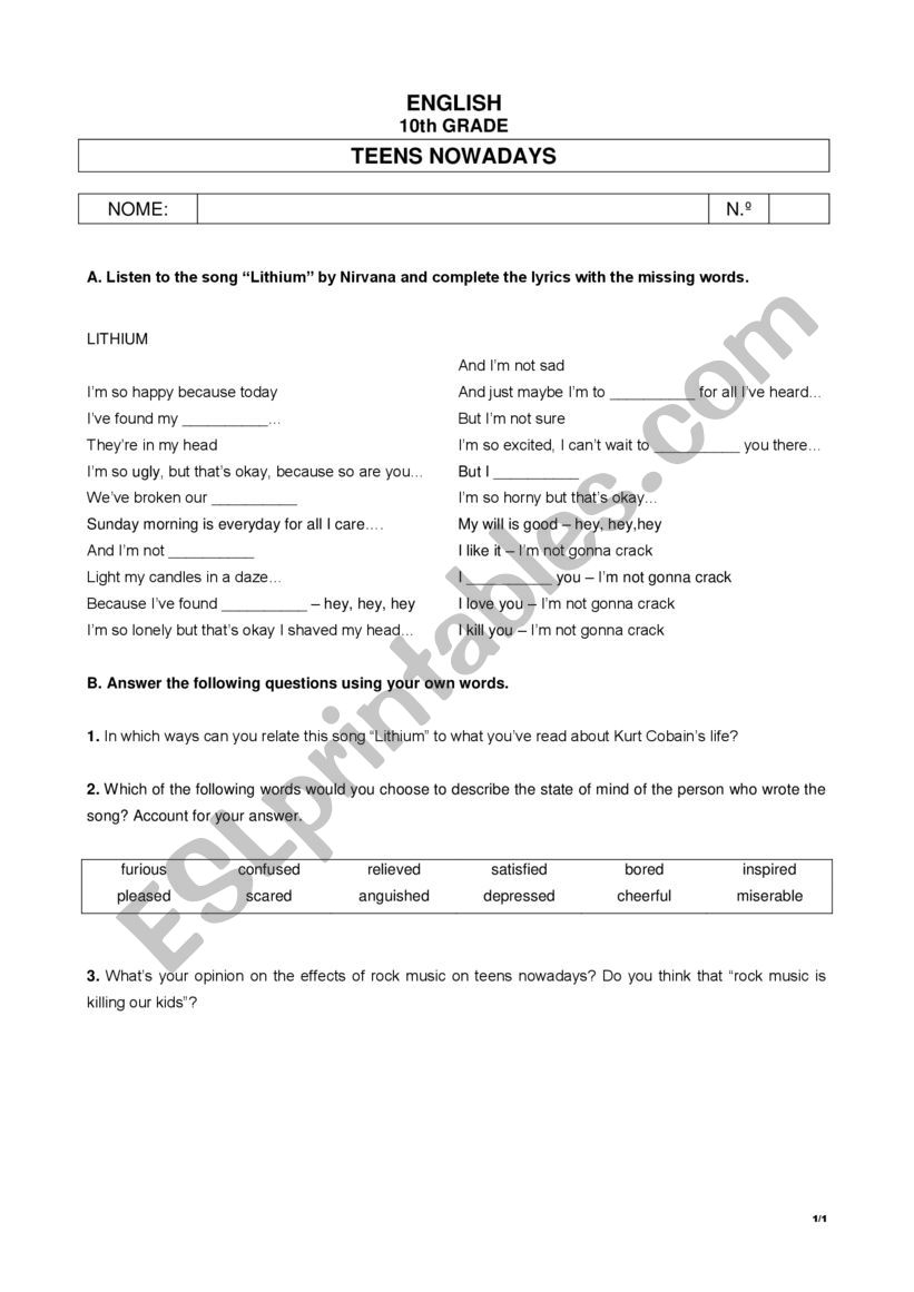 Teenagers worksheet