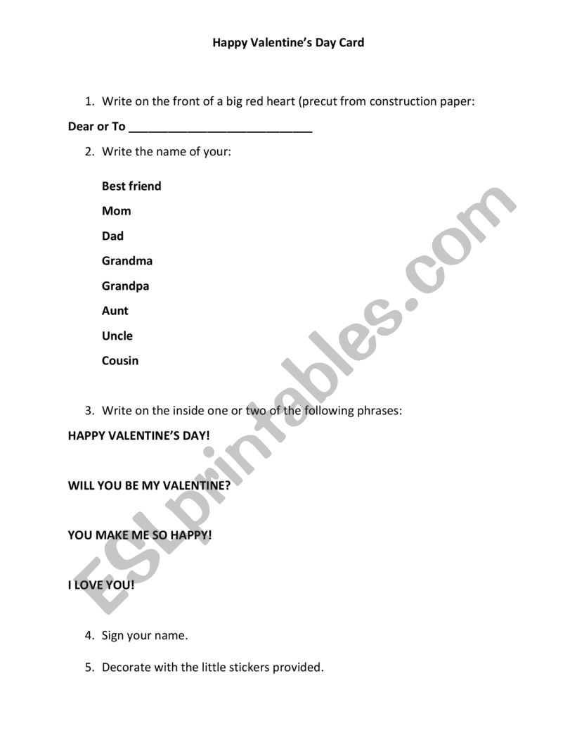 Happy Valentines Day Card worksheet