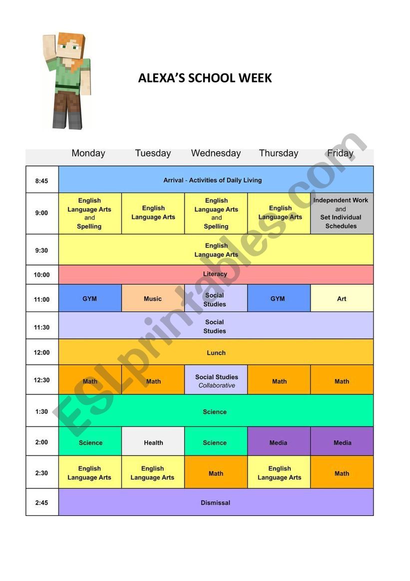 School timetable reading - ESL worksheet by maikelnait91