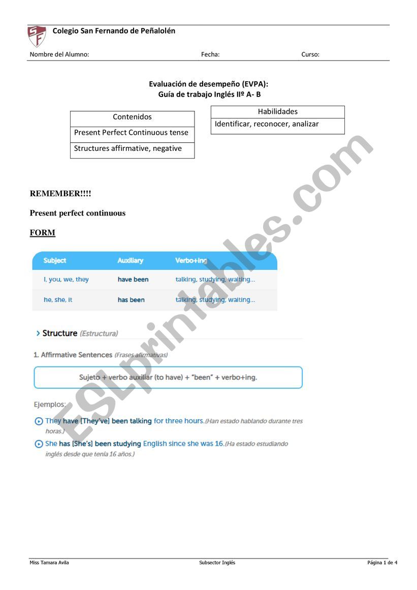 Present perfecto continuous worksheet