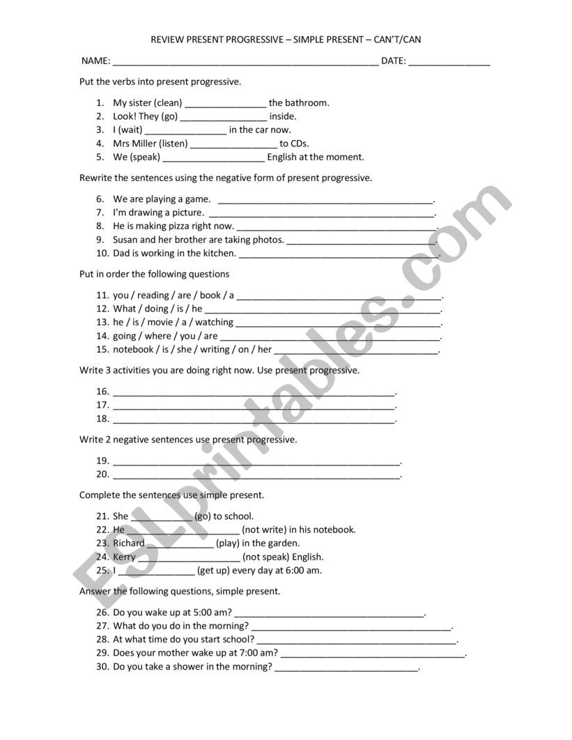 Worksheet Writing practice - Present progressive Simple present Can/Cant