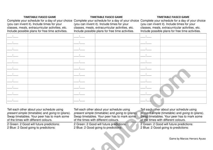 Timetable fiasco game (future with going to, will and present simple)