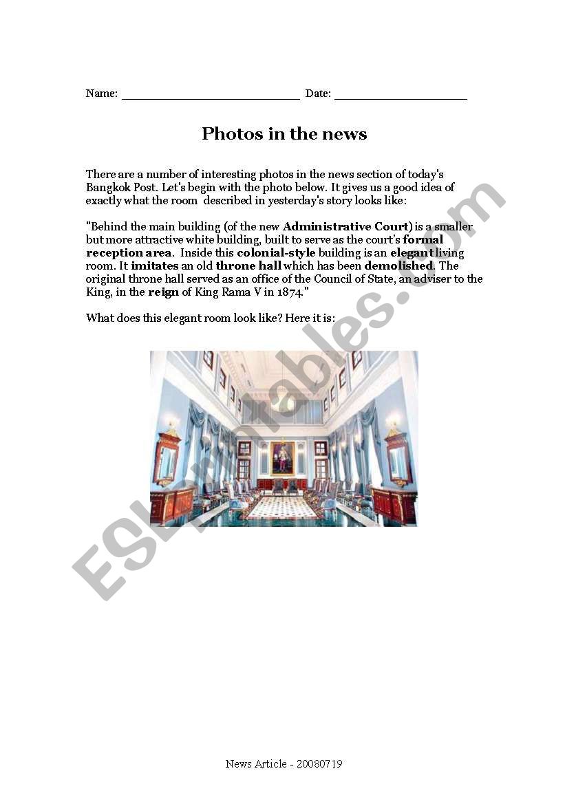 Photos in the news worksheet