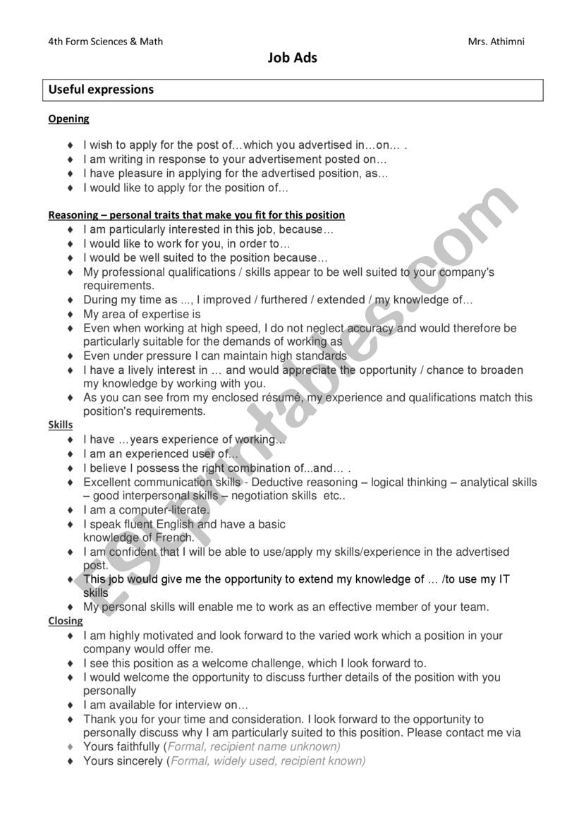 Lesson 9 - Job Ads (4th form) worksheet