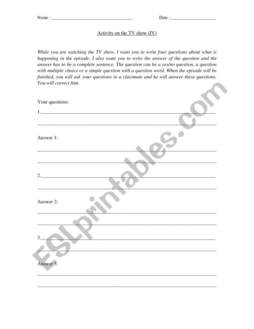Activity on a TV show worksheet