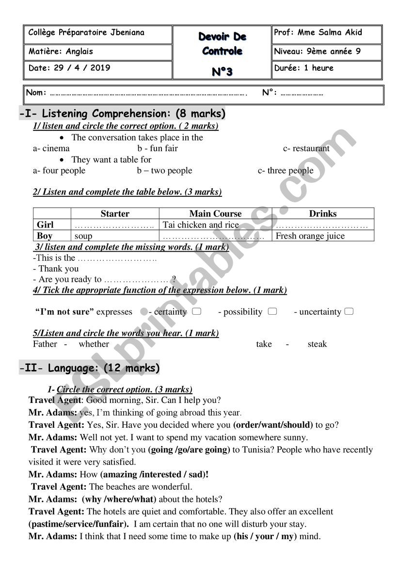 Mid term test3 9th form worksheet