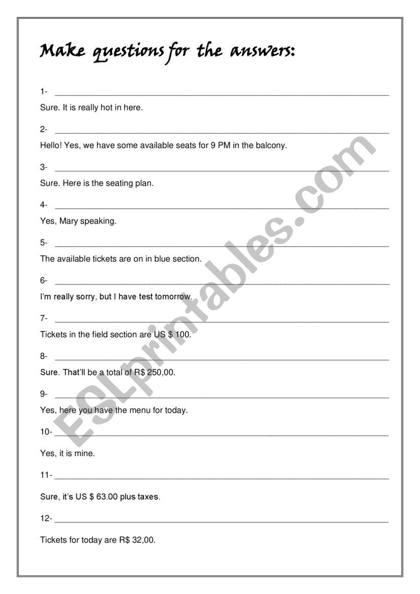 Question for answers worksheet