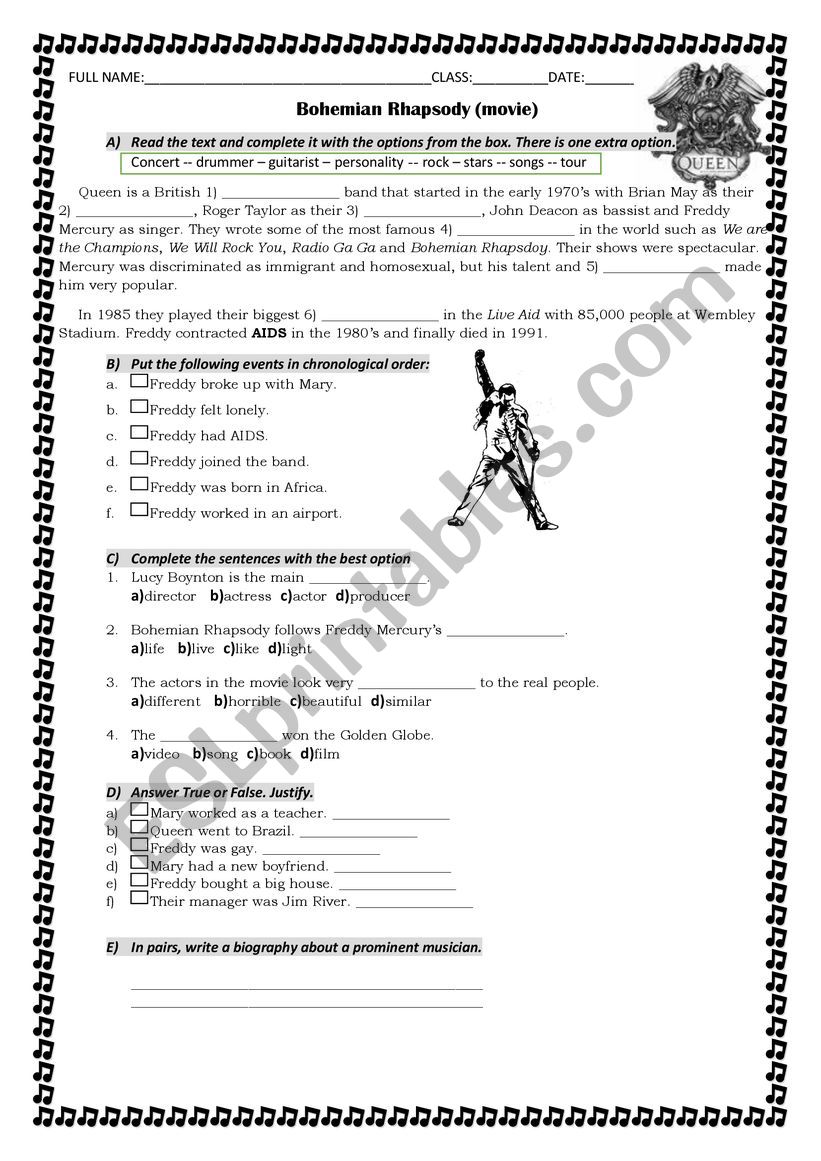 Bohemian Rhapsody Movie worksheet