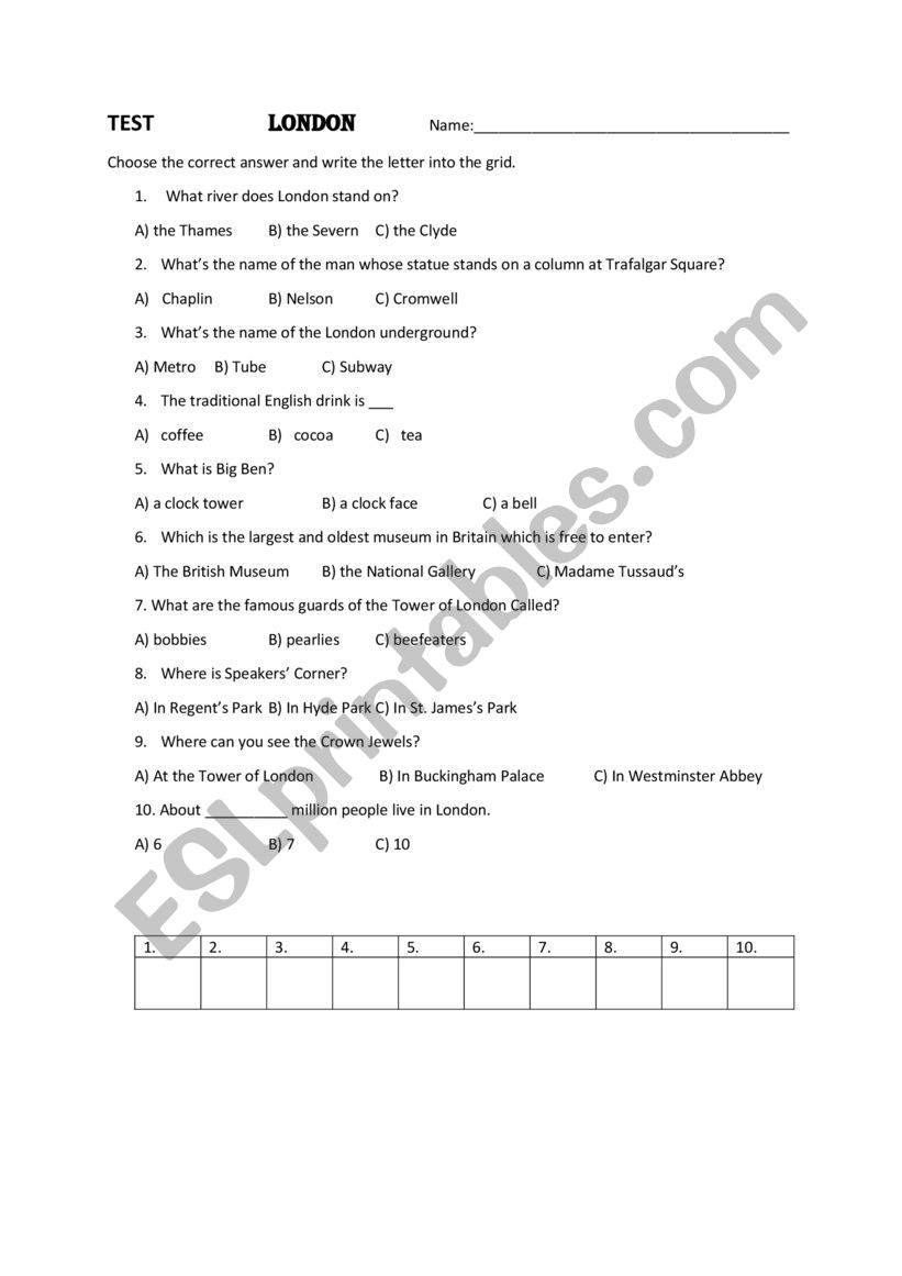 London Test worksheet