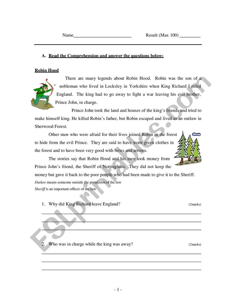 Reading Comprehension: Robin Hood + Grammar Exercises (Past Tense, Plural, Miscellaneous Exercise, Contractions, Similes, Punctuation, Pronouns) + Writing Task
