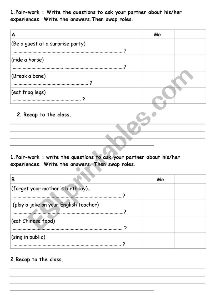Pair-work present perfect worksheet