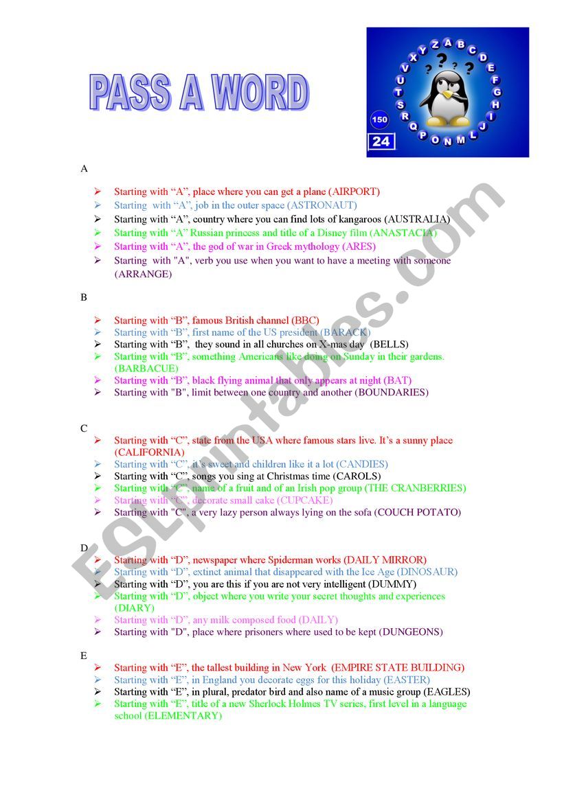 Pass the word game worksheet