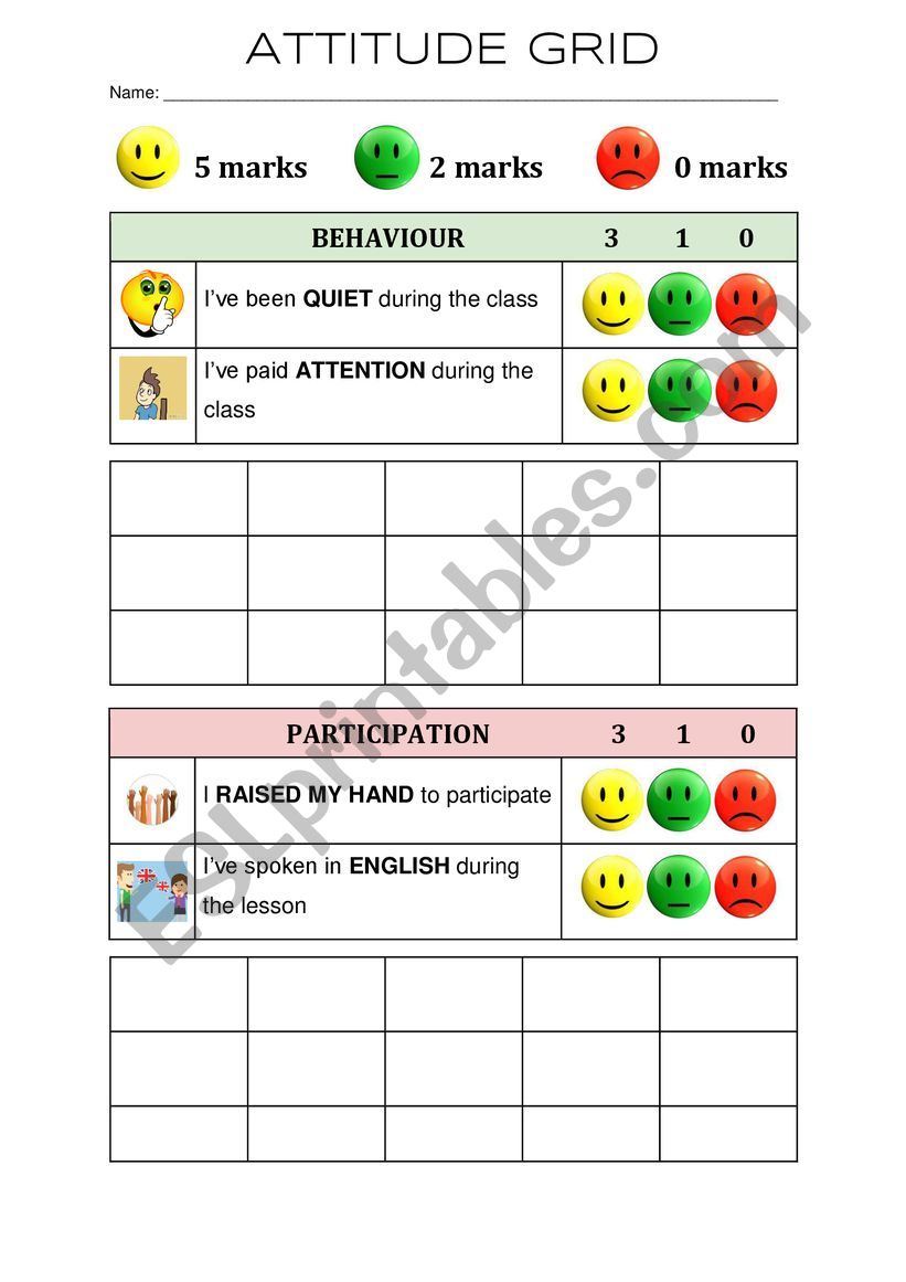 Self-assessment grid worksheet