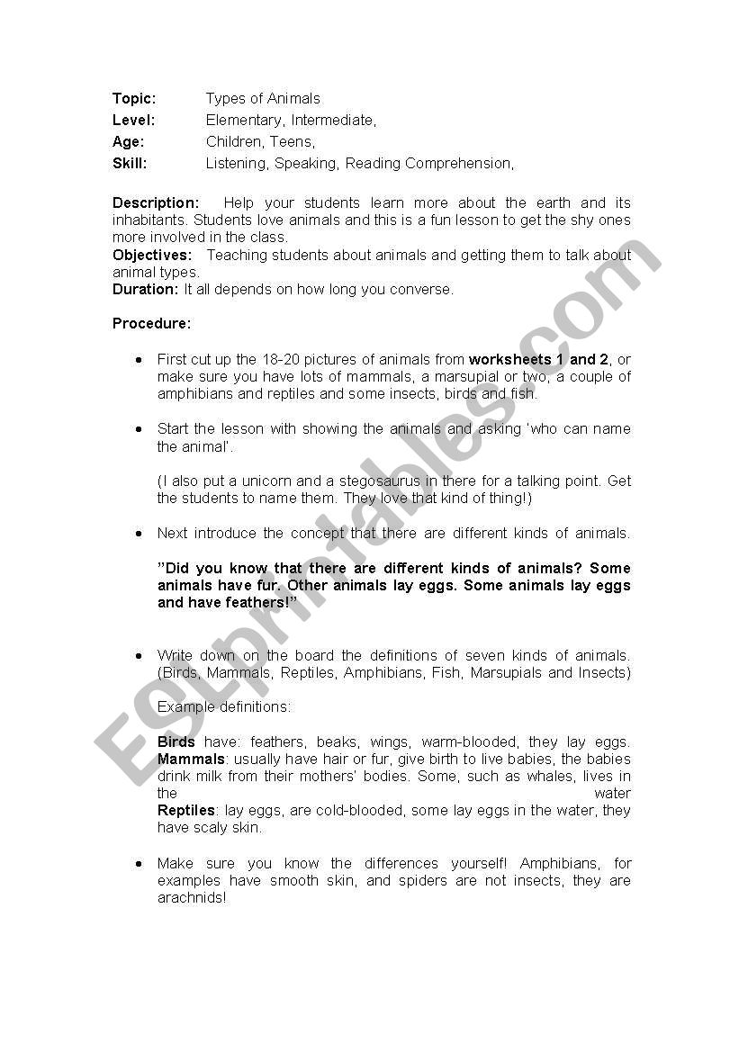 types of animals lesson plan worksheet