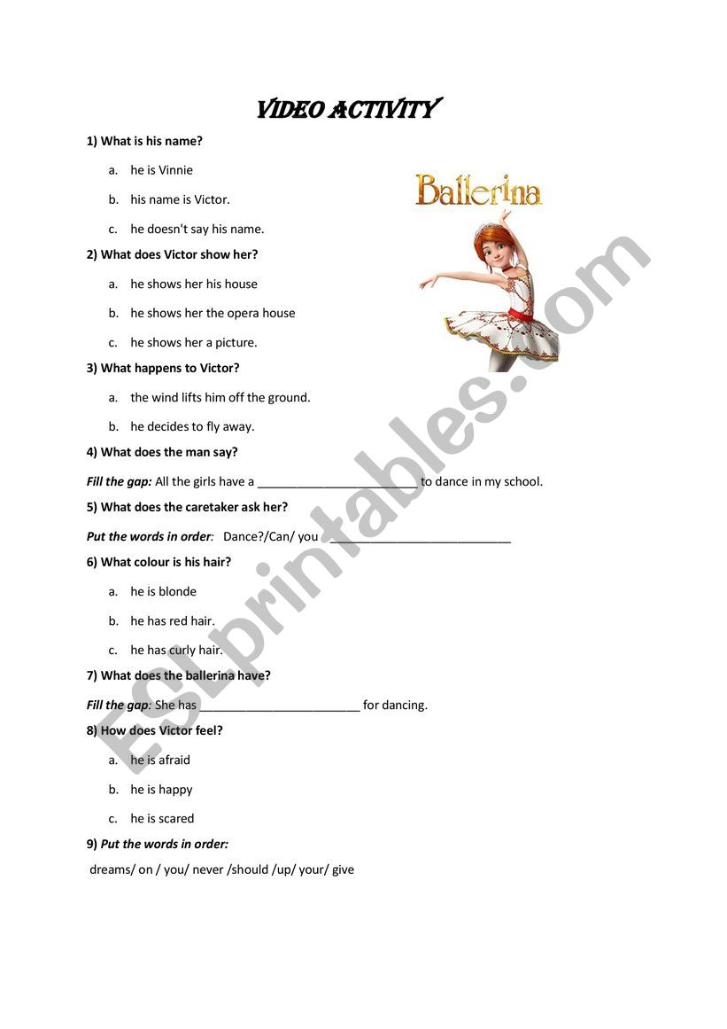 Balerina movie activity worksheet