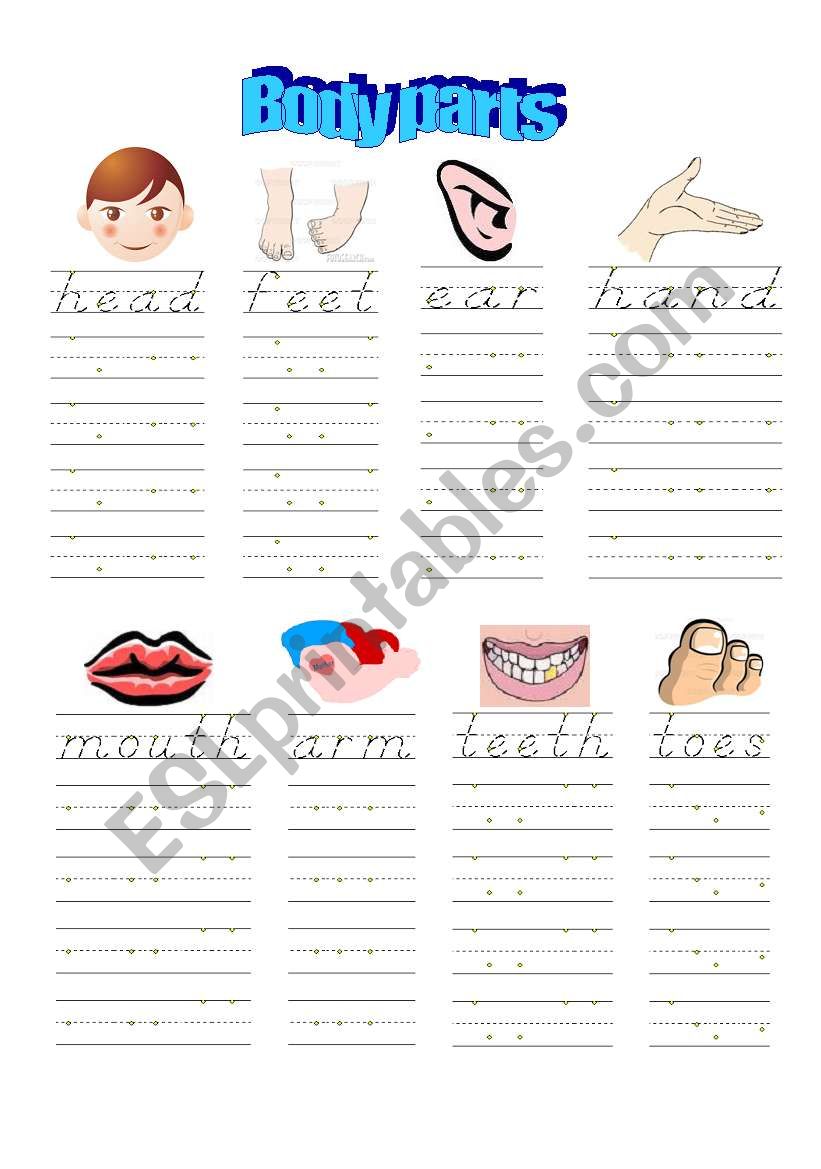 Body parts hand writing worksheet