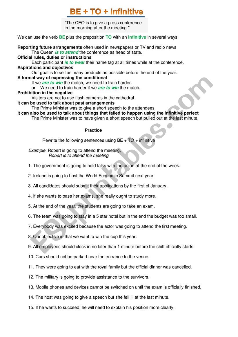 BE to + Infinitive  worksheet