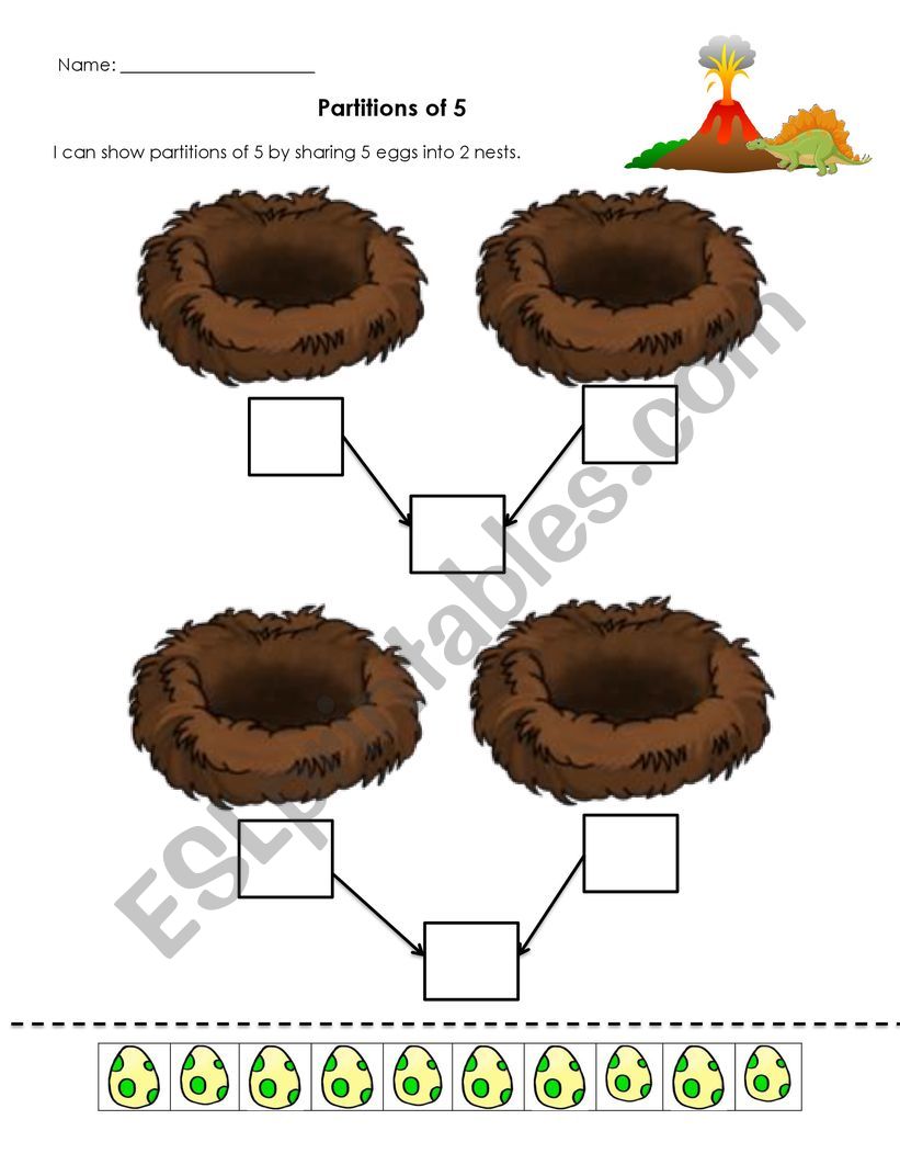 Dinosaur partitions of 5 worksheet