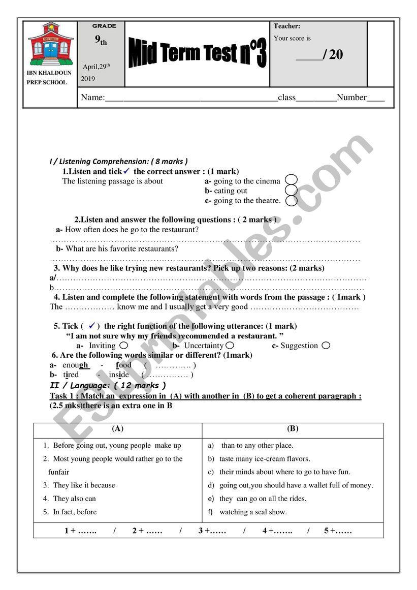 mid term test 3 for 9th pupils