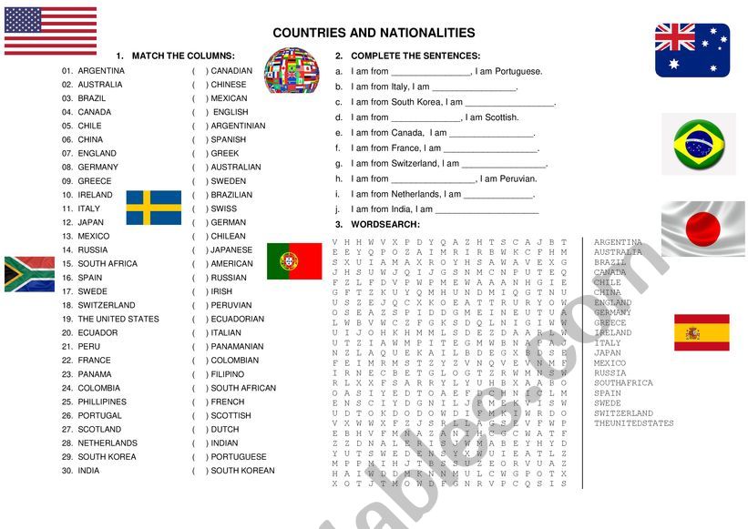 COUNTRIES AND NATIONALITIES worksheet