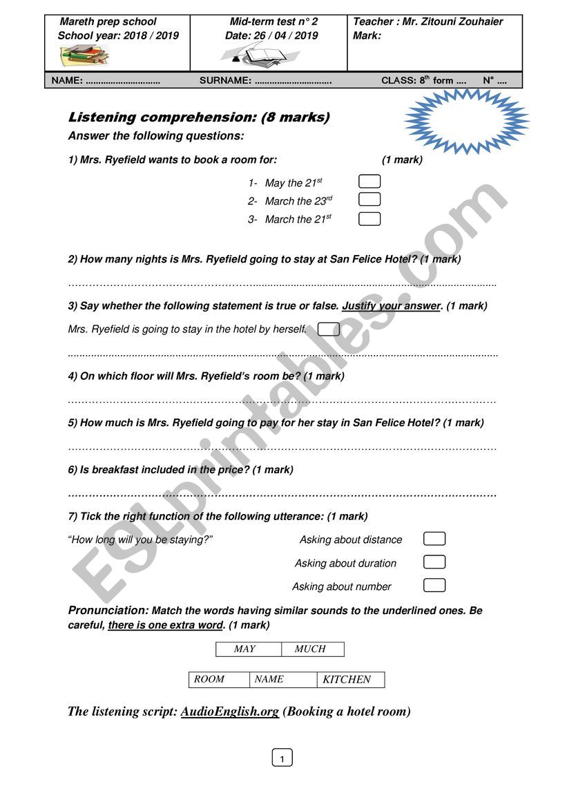 Mid term test n 2   / 8th form
