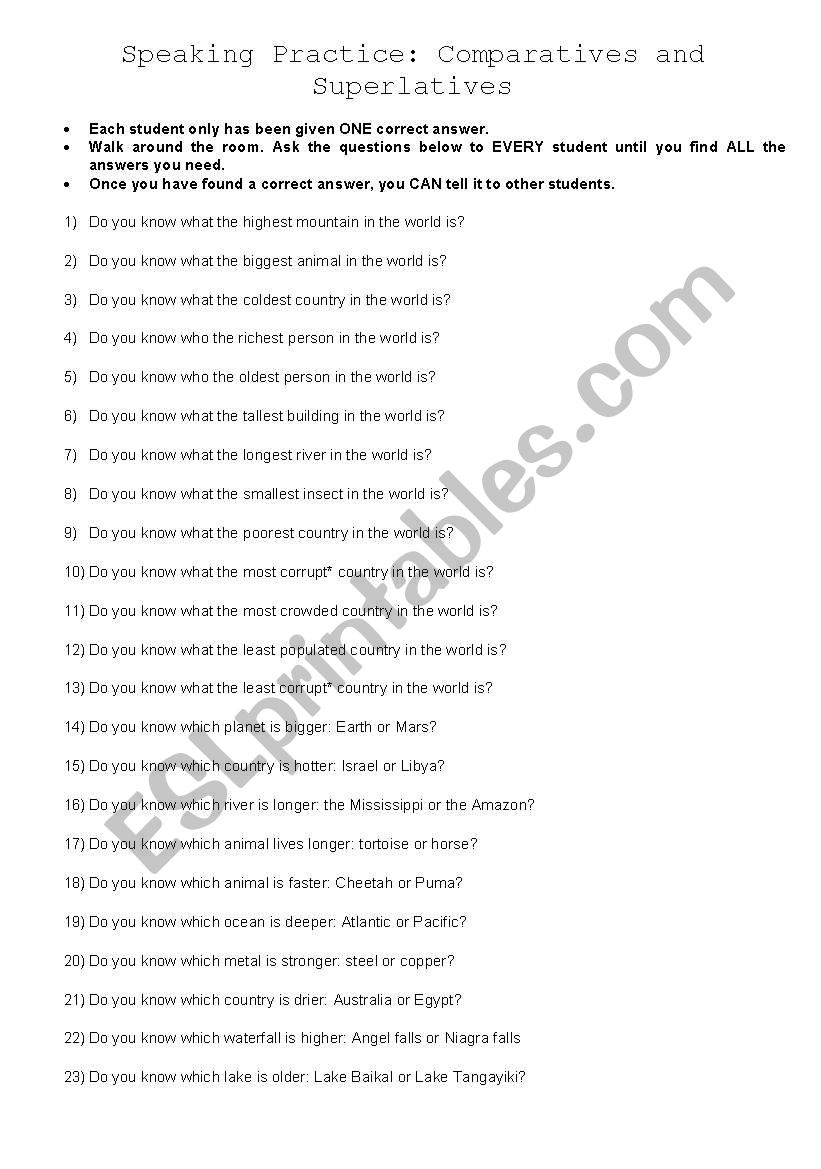 Do you know what the..... comparatives and superlatives speaking exercise