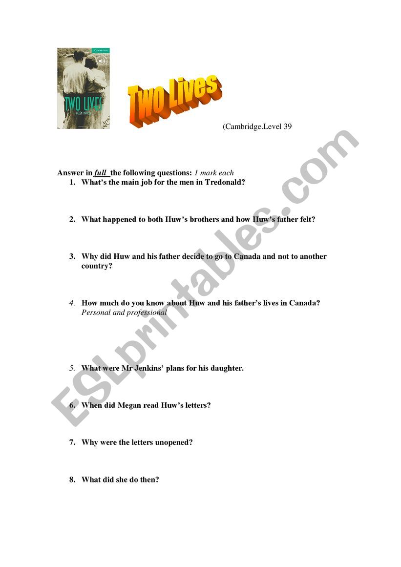 Two Lives (reader) worksheet