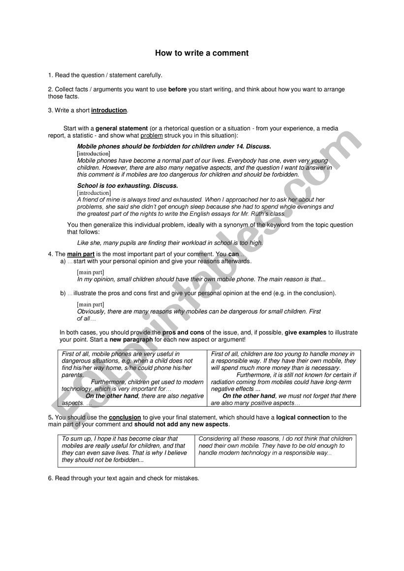 How to write a comment worksheet